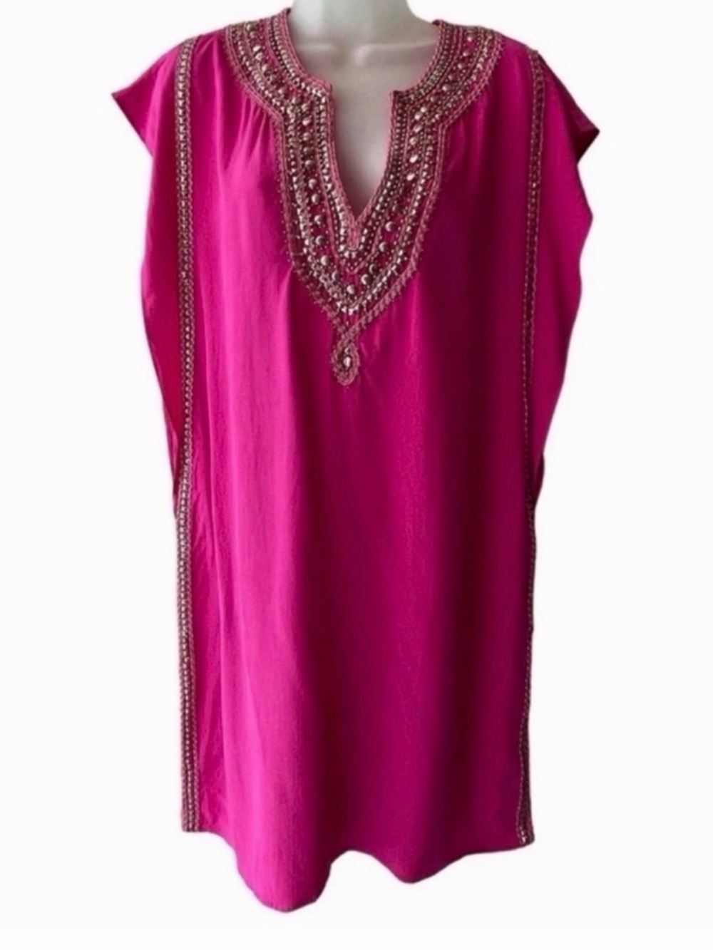 Calypso St. Barth Silk Fuchsia Beaded V-Neck Tunic